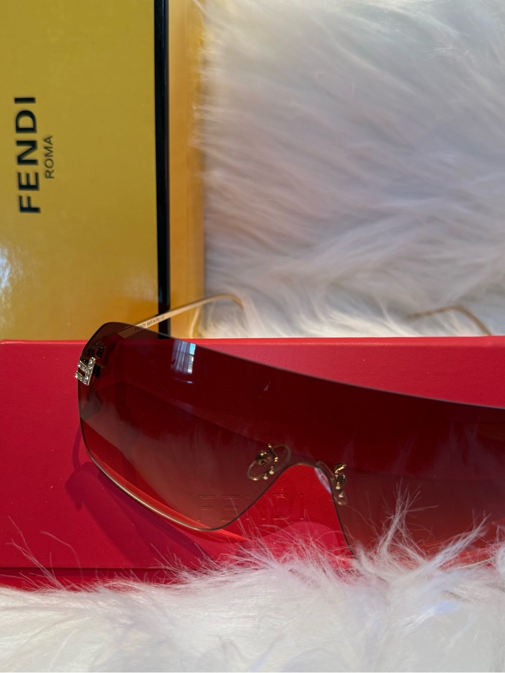 Fendi Red Rimless Shield Sunglasses with Gold Temples